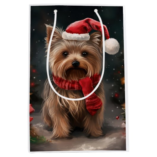 Yorkshire Terrier Hond in Sneeuw Kerstmis Medium Cadeauzakje (Voorkant)