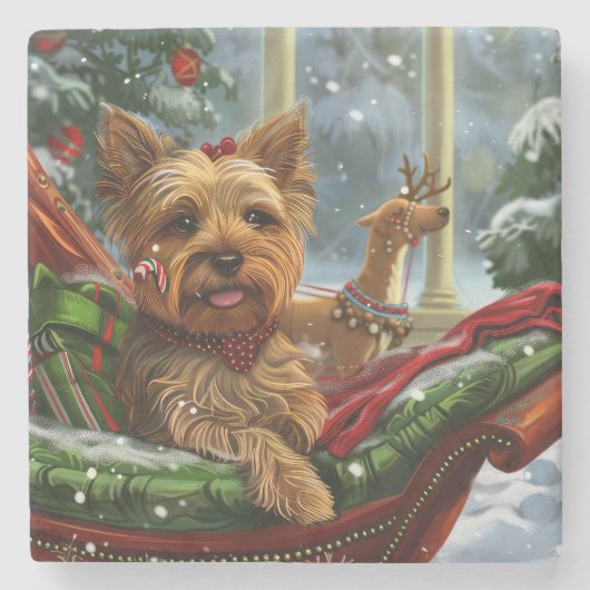 Yorkshire Terrier Hond Kerstfeest Stenen Onderzetter (Voorkant)