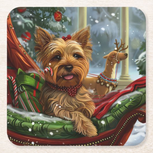 Yorkshire Terrier Hond Kerstfeest Vierkante Kartonnen Onderzetter (Voorkant)