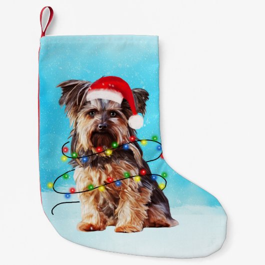 Yorkshire Terrier Hond Kerstmis Santa Hat Lights Kleine Kerstsok (Voorkant)