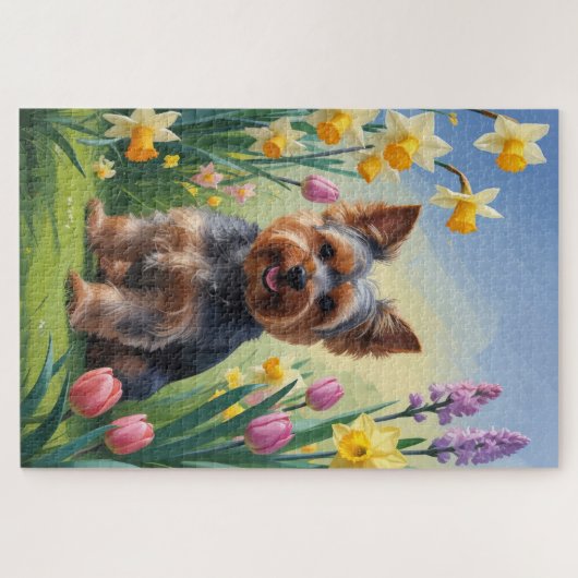 Yorkshire Terrier Hond Spring Bloemen Schilderen Legpuzzel (Horizontaal)