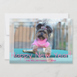 Yorkshire Terrier in Roze Foto van Hond met Gelukk Feestdagenkaart