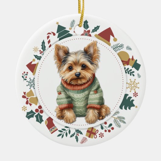 Yorkshire Terrier in Winter Sweater Kerstmis Keramisch Ornament (Voorkant)