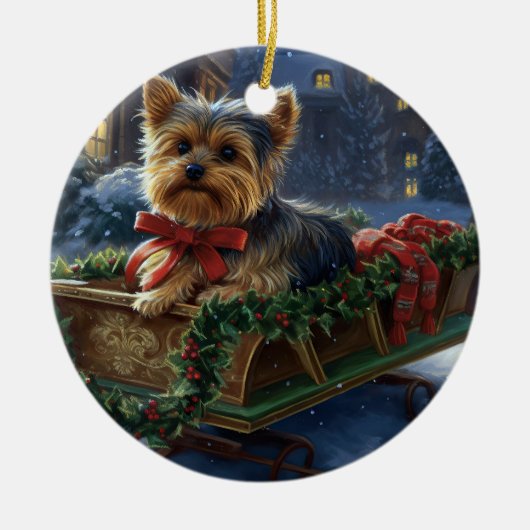 Yorkshire Terrier Kerstfeest Seizoen Keramisch Ornament (Voorkant)