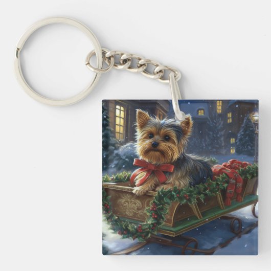 Yorkshire Terrier Kerstfeest Seizoen Sleutelhanger (Voorkant)