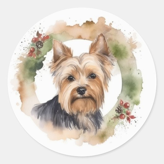 Yorkshire Terrier Kerstkrans feestelijke pup Ronde Sticker (Voorkant)