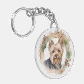 Yorkshire Terrier Kerstkrans feestelijke pup Sleutelhanger (Voorkant Links)
