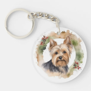 Yorkshire Terrier Kerstkrans feestelijke pup Sleutelhanger