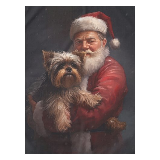 Yorkshire Terrier Kerstman Festive Kerstmis Tafelkleed (Voorkant)