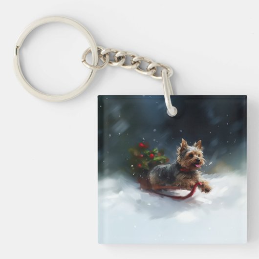 Yorkshire Terrier Kerstsneeuw winter Sleutelhanger (Voorkant)