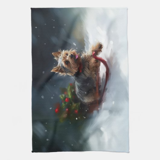 Yorkshire Terrier Kerstsneeuw winter Theedoek (Verticaal)