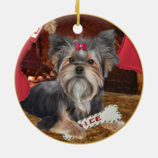 Yorkshire Terrier Kerstversier Keramisch Ornament (Achterkant)