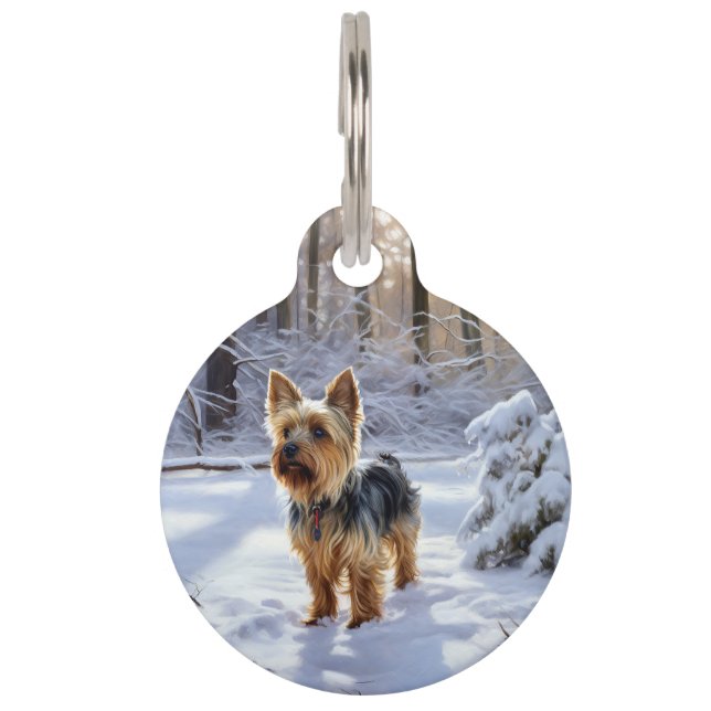 Yorkshire Terrier liet het sneeuwen Kerstmis Huisdierpenning (Voorkant)