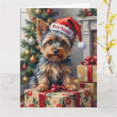 Yorkshire Terrier on Presents with Santa Hat Kaart (Gele Bloem)