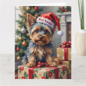 Yorkshire Terrier on Presents with Santa Hat Kaart (Voorkant)