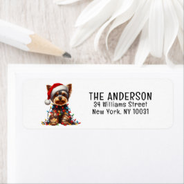 Yorkshire Terrier On Santa Hat And Christmas Light Etiket