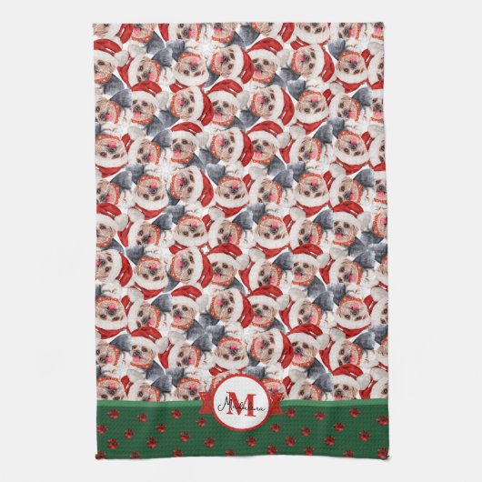 Yorkshire Terrier Patroon Monogram Kerstdag Hond Theedoek (Verticaal)