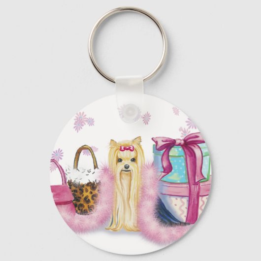 Yorkshire Terrier Pink Feather Boa Sleutelhanger (Voorkant)