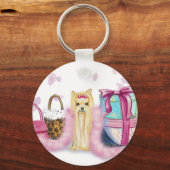 Yorkshire Terrier Pink Feather Boa Sleutelhanger (Voorkant)
