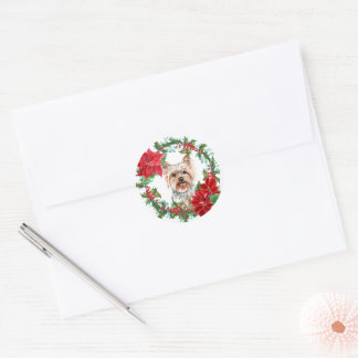 Yorkshire Terrier Poinsettia Holly Vakantiekrans Ronde Sticker