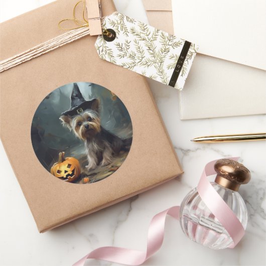 Yorkshire Terrier pompoenen Halloween eng Ronde Sticker (Geschenken)