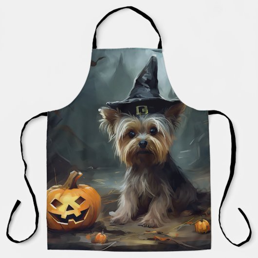 Yorkshire Terrier pompoenen Halloween eng Schort (Voorkant)