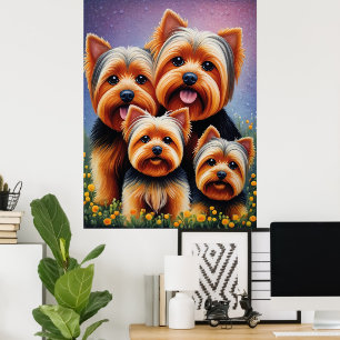 Yorkshire Terrier Pup Kleurrijk Familieportret Poster
