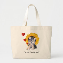 Yorkshire Terrier puppy dog, hearts & sunflower Grote Tote Bag