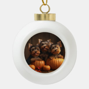 Yorkshire Terrier Puppy Herfst Delight Pompoen Keramische Bal Ornament