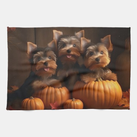 Yorkshire Terrier Puppy Herfst Delight Pompoen Theedoek (Horizontaal)