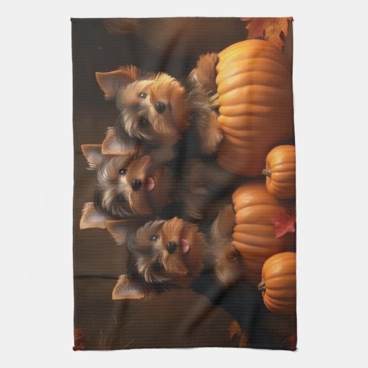 Yorkshire Terrier Puppy Herfst Delight Pompoen Theedoek (Verticaal)