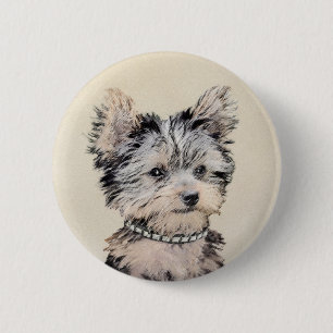 Yorkshire Terrier Puppy Painting Original Dog Art Ronde Button 5,7 Cm