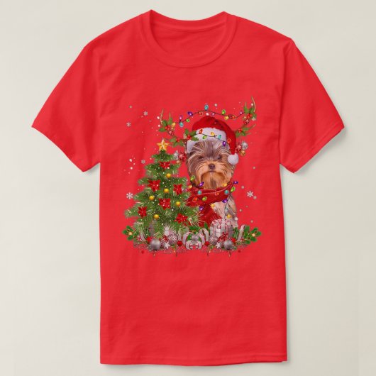 Yorkshire Terrier Reindeer Kerstmis Light De T-shirt (Design voorkant)