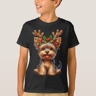 Yorkshire Terrier Reindeer Santa Hat Xmas Lights C T-shirt