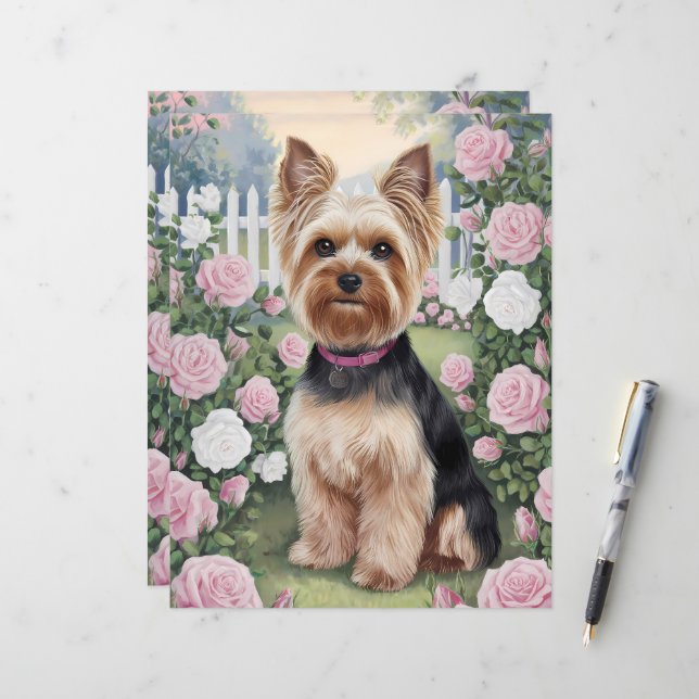 Yorkshire Terrier Rose Jardin Art livre papier (Devant/Arrière en situation)
