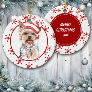 Yorkshire Terrier Santa Hat Red Snowflake Keramisch Ornament