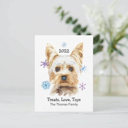Yorkshire Terrier Sneeuwvlokken Aangepaste Tekst K Feestdagenkaart (Staand voorkant)