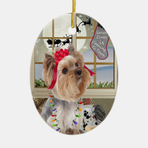 Yorkshire Terrier Watching for Santa Ornament