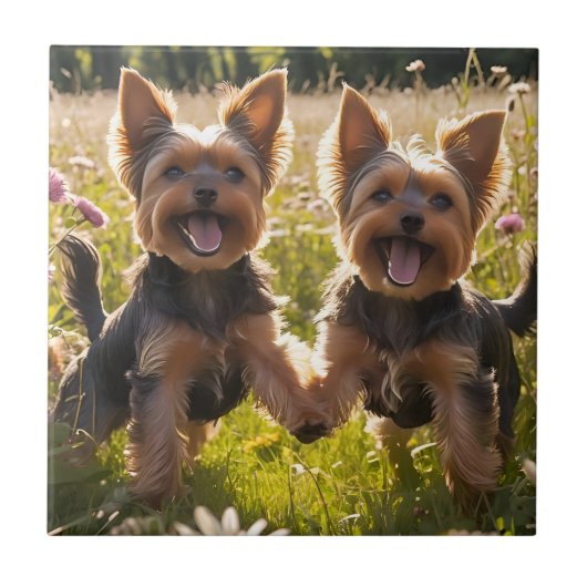Yorkshire Terriers spelen in het gras Tegeltje (Voorkant)