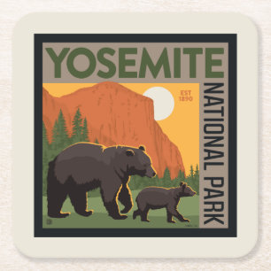 Yosemite National Park   Familie Beer Vierkante Kartonnen Onderzetter