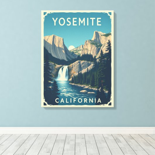 Yosemite Waterfall California  Retro Canvas Afdruk (Insitu (Houten vloer))
