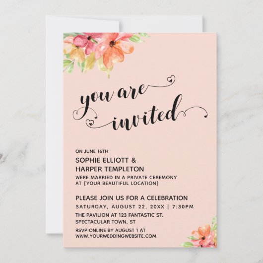 You Are Invited Harten Script Roze Bloemen Kaart (Voorkant)
