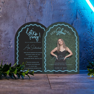 You Glow Girl Wavy Blue Neon Afstuderen Foto Kaart