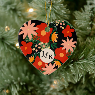 You & Me romance zwart Rood bloemenhart Keramisch Ornament