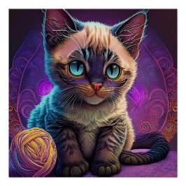 Young Blue Eyed Kitten With Ball Of Yarn Perfect Poster
