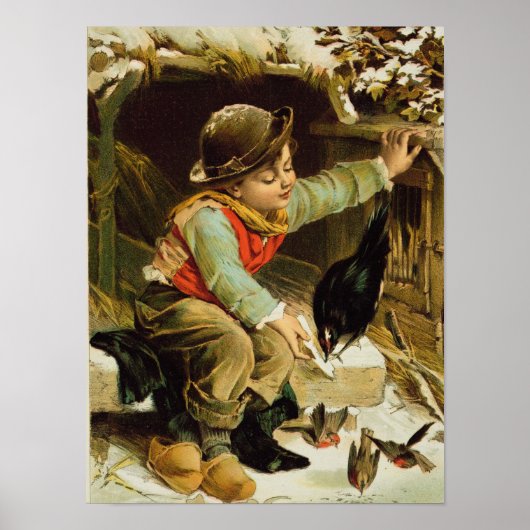 Young Boy with Birds in the Snow Poster (Voorkant)