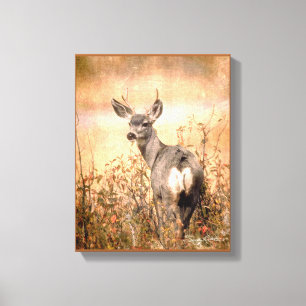 Young Deer in Wildbloemen met Grungy Texture Art Canvas Afdruk