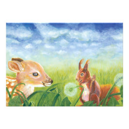 Young Fawn and Squirrel on Spring Meadow Foto Afdruk