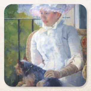 Young Girl en Hare Dog, Mary Cassatt Vierkante Kartonnen Onderzetter