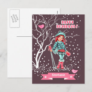 Young Girl Skier Eigen naam kerstmis Feestdagenkaart